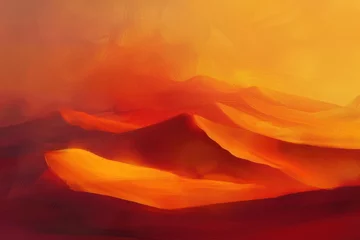 Foto op Plexiglas Abstract visualization of a desert at sunset employing warm oranges and reds against cool shadows to depict stark contrasts © Nisit