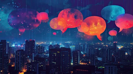 Fototapeten Speech bubbles filled with intriguing snippets of gossip floating above a city skyline at night. Neon lights and vibrant colors evoke the energy of urban nightlife, drawing inspiration from pop art. © Oskar Reschke