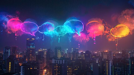 Speech bubbles filled with intriguing snippets of gossip floating above a city skyline at night. Neon lights and vibrant colors evoke the energy of urban nightlife, drawing inspiration from pop art.