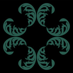 Square cross shape frame with stylized leaves. Vintage floral motif. On black background.