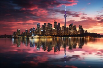 Torontos skyline reflected in water at sunset, creating a mesmerizing view
