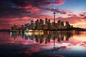 Peel and stick wallpaper Reflection Torontos skyline reflected in water at sunset, creating a mesmerizing view