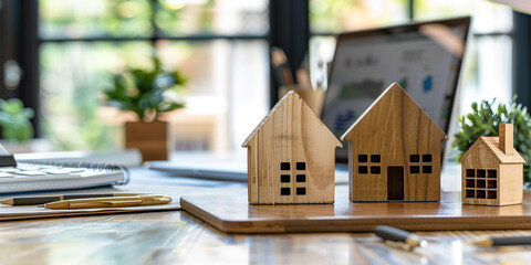 Real estate agency concept. Miniature house models, on desk