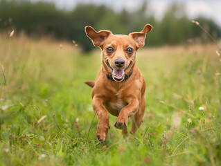 Single little dog running joyfully in an open green field