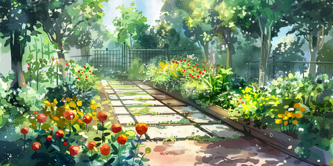 Garden illustration with path towards blacksmith gate, spring