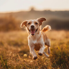 Single little dog running joyfully in an open green field