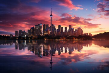 Toronto skyline reflected in water at sunset, creating a stunning afterglow