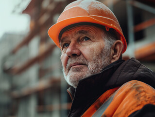 Experienced elderly construction worker in reflective vest on site