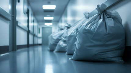 Biohazard medical waste bags lined in a hospital corridor
