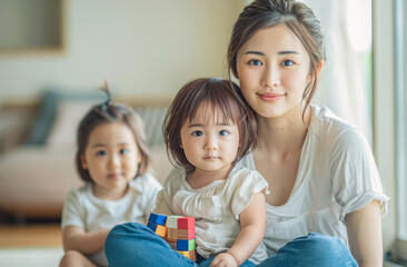 Young Japanese woman in jeans and shirt, sitting with child and colorful blocks, light room, affectionate, space for text.