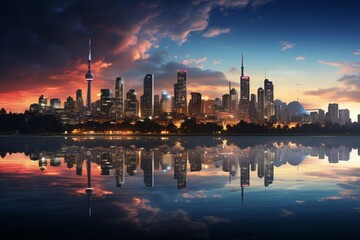 the skyline of toronto is reflected in the water at sunset