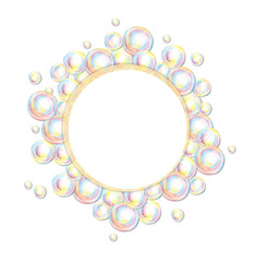 Watercolor illustration round frame with soap bubbles. Summer toy symbol, bath time, carnival, bubble party, soap making, hobby, bathroom, bubbles, foam, shampoo, cleaning, washing, hygiene, cosmetics