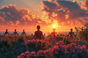 Group of individuals practicing yoga in a tranquil field at sunset