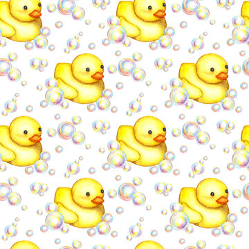 Watercolor illustration of a pattern of a small yellow carved duck and soap bubbles. Bath time. Paintings for fabric, textiles, children's clothing, wallpaper, wrapping paper, packaging, design