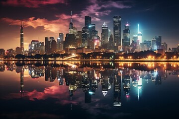 Fototapeta na wymiar City lights reflected in midnight waters, creating a stunning cityscape