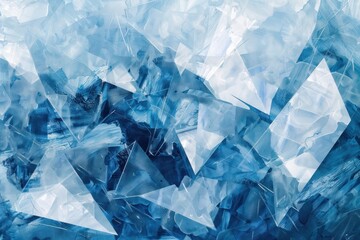 Abstract art of icy landscapes featuring cool blues and whites with crystallike geometric patterns