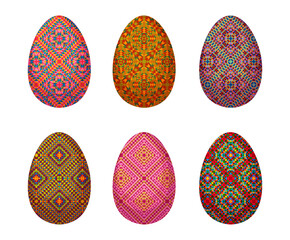 Happy Easter. Set of Easter eggs with colorful geometric patterns on white background.