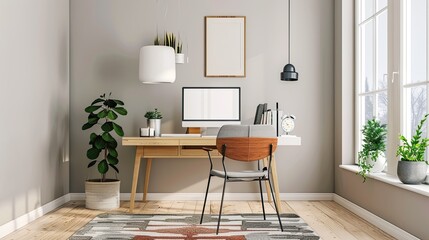 Modern home office with table and office chair and white wall. interior design of modern living room with comfortable workplace. Work from home. 