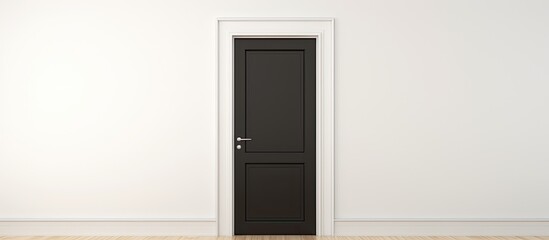 A minimalist room with a contrast of a black door against a white wall. The hardwood flooring complements the black door, creating a modern aesthetic - obrazy, fototapety, plakaty