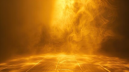 Dark yellow background fog and light on floor. Mystical mist. smoke in dark room. Banner show product	