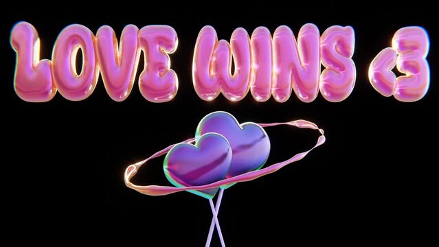 Abstract 3d heart shape lollipop candies cosmic hoop rotating retro disco funky pop groovy poster with "Love Wins" text signature 4k 30 fps seamless loop animation themed event background wallpaper