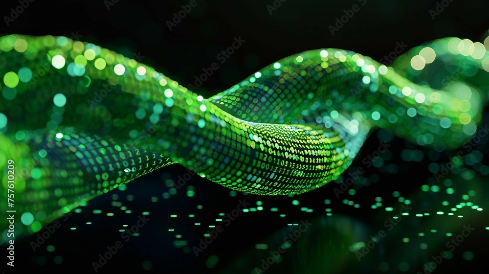 Poster a digital cable emerges from a vibrant, glowing green matrix of binary code. isolated on black backg
