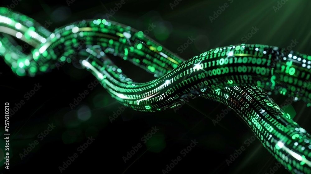 Poster a digital cable emerges from a vibrant, glowing green matrix of binary code. isolated on black backg
