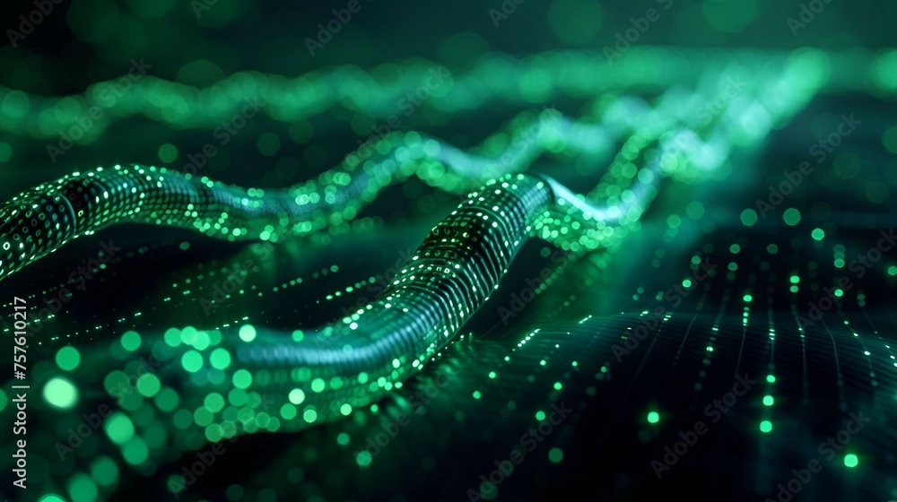 Poster a digital cable emerges from a vibrant, glowing green matrix of binary code. isolated on black backg