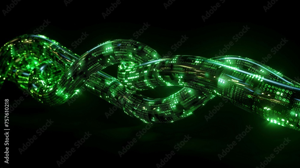 Poster a digital cable emerges from a vibrant, glowing green matrix of binary code. isolated on black backg