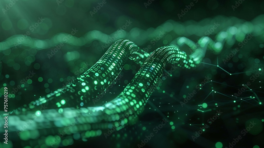 Poster a digital cable emerges from a vibrant, glowing green matrix of binary code. isolated on black backg