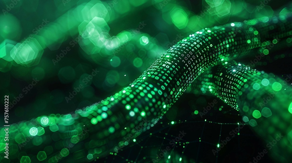 Poster a digital cable emerges from a vibrant, glowing green matrix of binary code. isolated on black backg