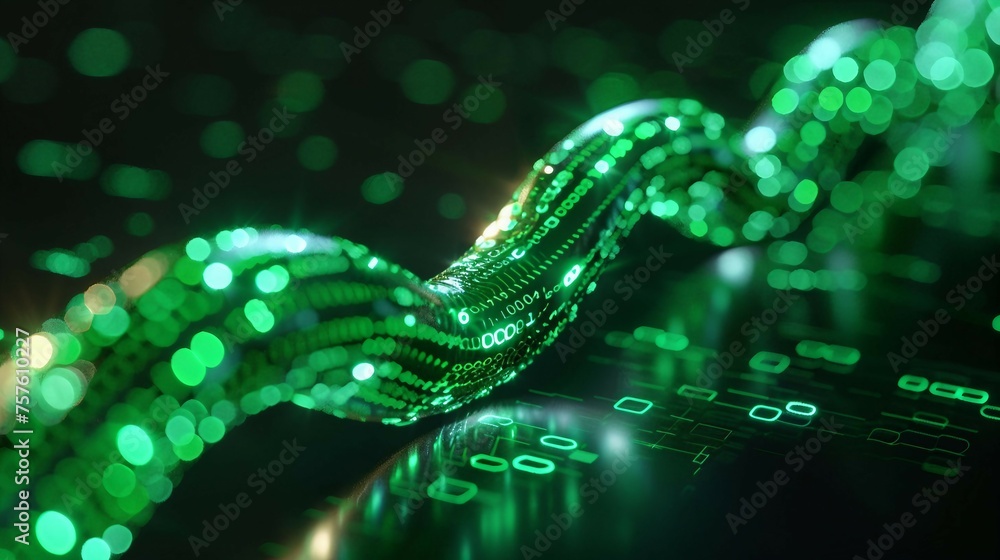 Poster a digital cable emerges from a vibrant, glowing green matrix of binary code. isolated on black backg