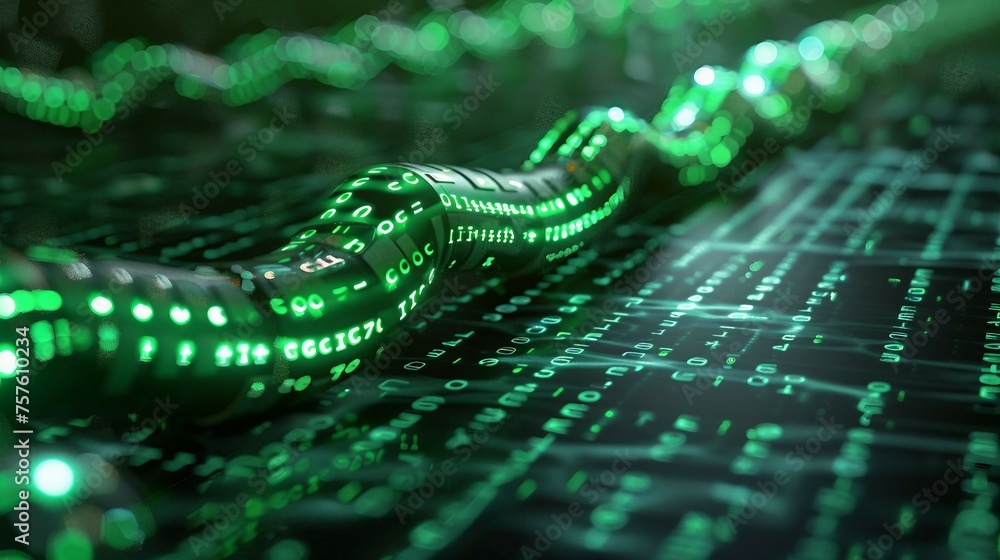 Poster a digital cable emerges from a vibrant, glowing green matrix of binary code. isolated on black backg