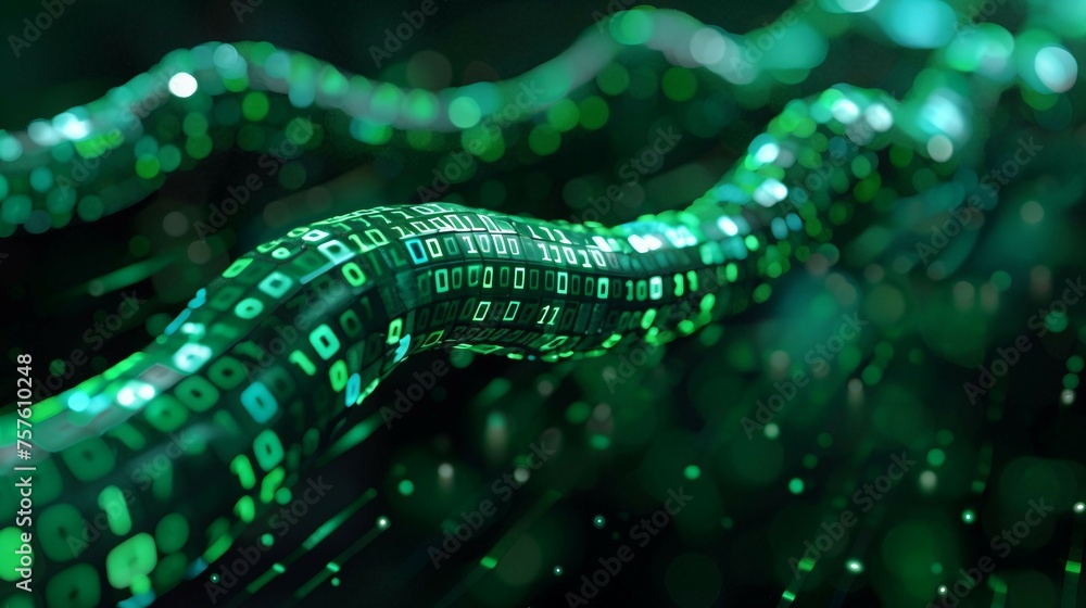 Poster a digital cable emerges from a vibrant, glowing green matrix of binary code. isolated on black backg