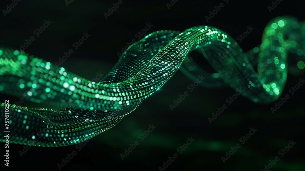 Poster a digital cable emerges from a vibrant, glowing green matrix of binary code. isolated on black backg