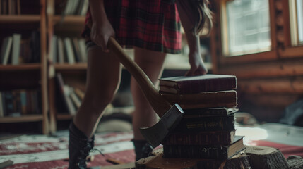 Dichotomy of Knowledge and Destruction, Axe and Books in a Wooden Cabin - obrazy, fototapety, plakaty