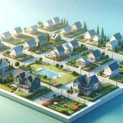 Illustration minimaliste d'un quartier résidentiel sur un socle façon maquette miniature