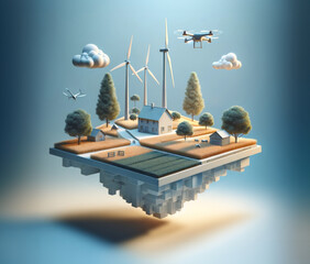 Illustration minimaliste d'une ferme moderne avec drones et éoliens sur un socle en lévitation - obrazy, fototapety, plakaty