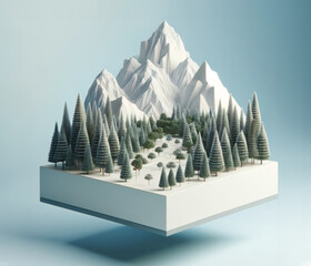 Illustration minimaliste d'un paysage montagneux et forêt sur un socle en lévitation - obrazy, fototapety, plakaty
