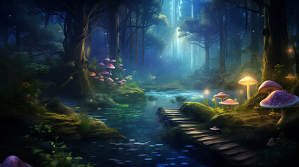 Mystical Pixel Forest, Enchanted Night, Magical Glowing Mushrooms
