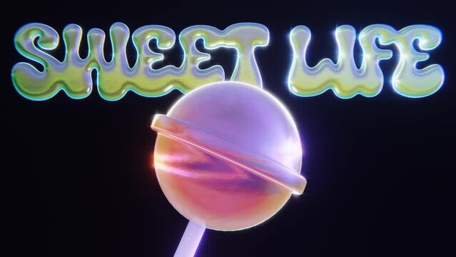 Abstract 3d retro grooovy funky lollipop candy cane infographic event disco poster with "sweet life" positive text sign vibrant colours 4k 30 fps seamless loop animation background wallpaper
