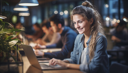 Videoconferencia del curso de e-learning.
Estudiante femenina feliz en línea en su computadora portátil en el pub moderno solo.