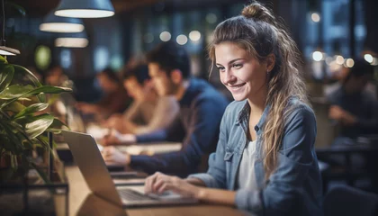 Stof per meter Videoconferencia del curso de e-learning. Estudiante femenina feliz en línea en su computadora portátil en el pub moderno solo. © Crowded Studio