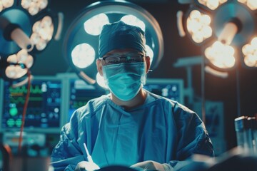 Skilled Asian surgeon in a modern operating room focused on a delicate procedure