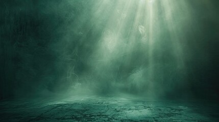 Dark green background fog and light on floor. Mystical mist. smoke in dark room. Banner show product	