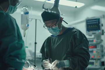 Skilled Asian surgeon in a modern operating room