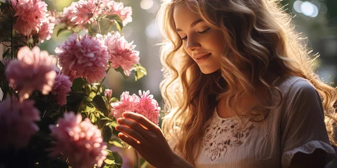 Poster The smell of summer. Happy woman amongst flowers. © britaseifert