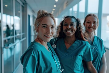 Diverse medical crew looking at the camera in a hospital hallway