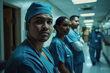 Diverse medical crew looking at the camera in a hospital hallway