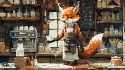 Urban Fox Masquerading as a Barista During a Morning Coffee Break in a Charming Vintage Shop - obrazy, fototapety, plakaty